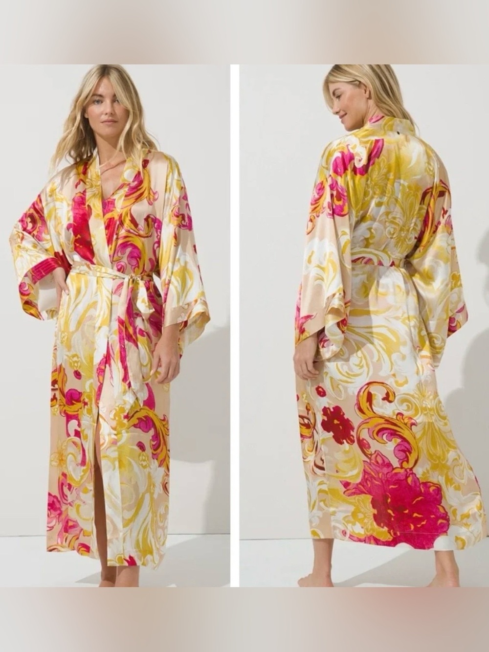 Soma 100% Silk S/M Maxi Robe Kimono Floral Adjustable Pockets Lingerie Vibrant